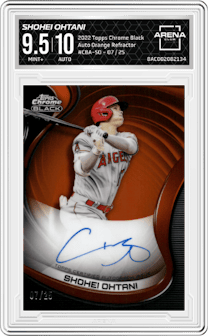 Shohei Ohtani from the 2022 Topps Chrome Black set featuring a Orange Refractor parallel graded by Arena Club and given an overall grade of 9.5.