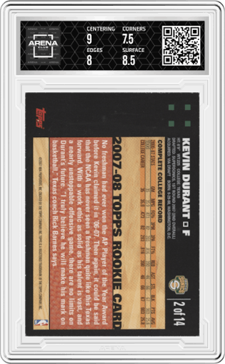 Kevin Durant from the 2007-08 Topps set featuring a Orange parallel graded by Arena Club and given an overall grade of 8.