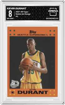 Kevin Durant from the 2007-08 Topps set featuring a Orange parallel graded by Arena Club and given an overall grade of 8.