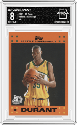 Kevin Durant from the 2007-08 Topps set featuring a Orange parallel graded by Arena Club and given an overall grade of 8.