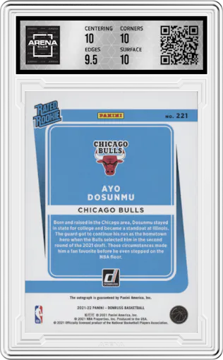 Ayo Dosunmu from the 2021-22 Panini Donruss set featuring a Choice Red parallel graded by Arena Club and given an overall grade of 10.