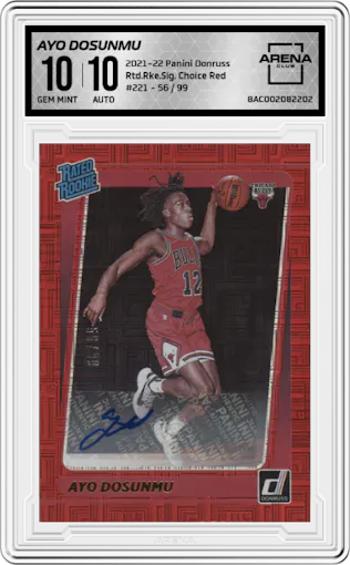 Ayo Dosunmu from the 2021-22 Panini Donruss set featuring a Choice Red parallel graded by Arena Club and given an overall grade of 10.
