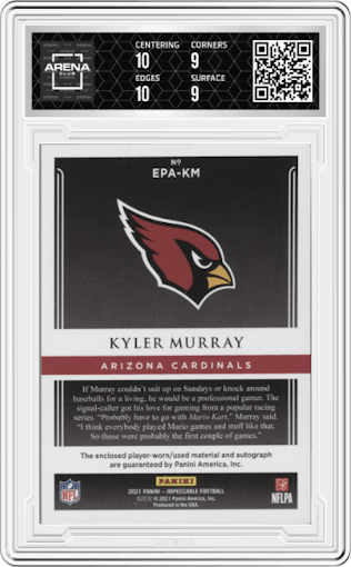 Kyler Murray from the 2021 Panini Impeccable set featuring a Gold parallel graded by Arena Club and given an overall grade of 9.5.