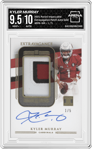 Kyler Murray from the 2021 Panini Impeccable set featuring a Gold parallel graded by Arena Club and given an overall grade of 9.5.