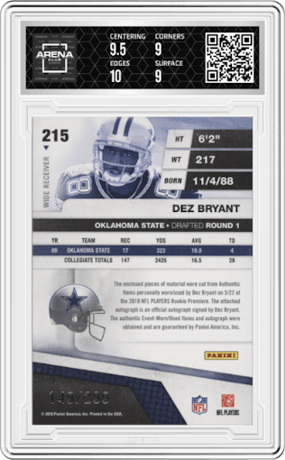 Dez Bryant from the 2010 Panini Absolute Memorabilia set graded by Arena Club and given an overall grade of 9.5.