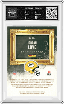 Jordan Love from the 2020 Panini Chronicles set featuring a Pink parallel graded by Arena Club and given an overall grade of 9.5.