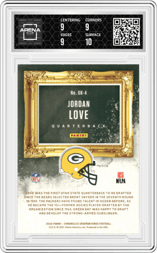 Jordan Love from the 2020 Panini Chronicles set featuring a Pink parallel graded by Arena Club and given an overall grade of 9.5.