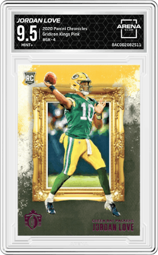Jordan Love from the 2020 Panini Chronicles set featuring a Pink parallel graded by Arena Club and given an overall grade of 9.5.