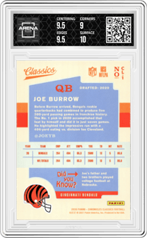 Joe Burrow from the 2020 Panini Chronicles set graded by Arena Club and given an overall grade of 9.5.