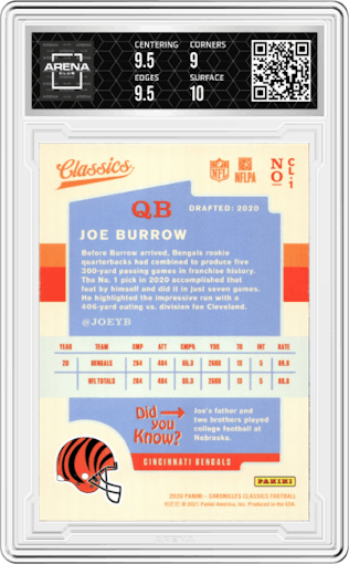 Joe Burrow from the 2020 Panini Chronicles set graded by Arena Club and given an overall grade of 9.5.