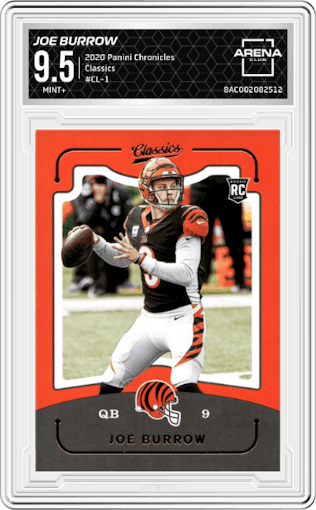 Joe Burrow from the 2020 Panini Chronicles set graded by Arena Club and given an overall grade of 9.5.