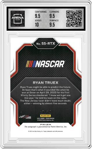 Ryan Truex from the 2023 Panini Prizm set featuring a Hyper Prizm Red White and Blue parallel graded by Arena Club and given an overall grade of 10.