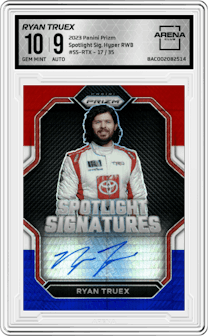 Ryan Truex from the 2023 Panini Prizm set featuring a Hyper Prizm Red White and Blue parallel graded by Arena Club and given an overall grade of 10.