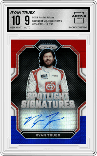 Ryan Truex from the 2023 Panini Prizm set featuring a Hyper Prizm Red White and Blue parallel graded by Arena Club and given an overall grade of 10.