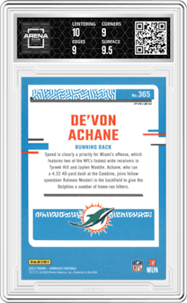 De Von Achane from the 2023 Panini Donruss set featuring a Red & Green parallel graded by Arena Club and given an overall grade of 9.5.