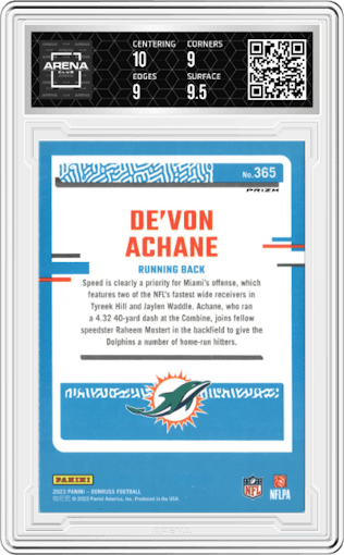 De Von Achane from the 2023 Panini Donruss set featuring a Red & Green parallel graded by Arena Club and given an overall grade of 9.5.
