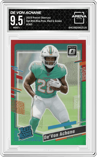 De Von Achane from the 2023 Panini Donruss set featuring a Red & Green parallel graded by Arena Club and given an overall grade of 9.5.