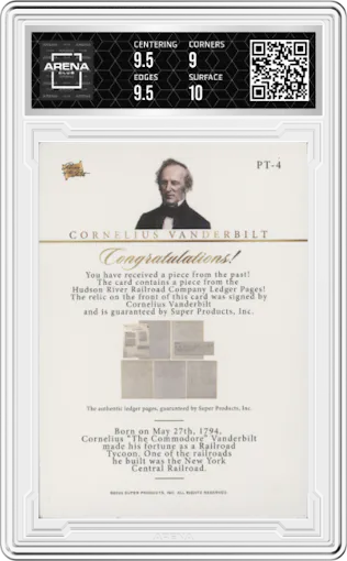 Cornelius Vanderbilt from the 2023 Pieces of the Past Historical Premium Edition set graded by Arena Club and given an overall grade of 9.5.