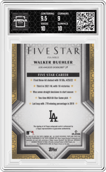 Walker Buehler from the 2023 Topps Five Star set graded by Arena Club and given an overall grade of 9.5.