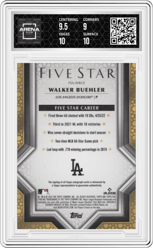 Walker Buehler from the 2023 Topps Five Star set graded by Arena Club and given an overall grade of 9.5.