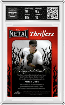Mitch Jebb from the 2023 Leaf Metal set featuring a Prismatic Silver parallel graded by Arena Club and given an overall grade of 9.