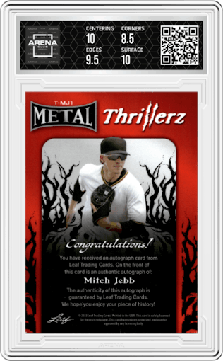 Mitch Jebb from the 2023 Leaf Metal set featuring a Prismatic Silver parallel graded by Arena Club and given an overall grade of 9.