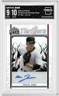 Mitch Jebb from the 2023 Leaf Metal set featuring a Prismatic Silver parallel graded by Arena Club and given an overall grade of 9.