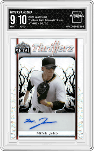 Mitch Jebb from the 2023 Leaf Metal set featuring a Prismatic Silver parallel graded by Arena Club and given an overall grade of 9.