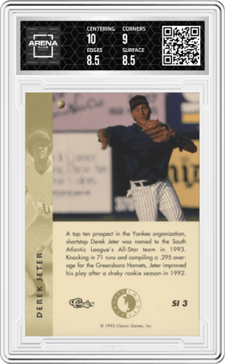 Derek Jeter from the 1993 Classic Images set graded by Arena Club and given an overall grade of 9.