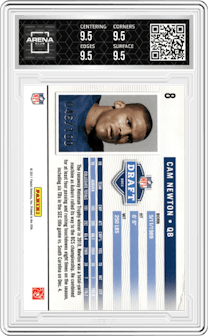 Cam Newton from the 2011 Prestige set featuring a Holokote parallel graded by Arena Club and given an overall grade of 9.5.