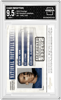 Cam Newton from the 2011 Prestige set featuring a Holokote parallel graded by Arena Club and given an overall grade of 9.5.