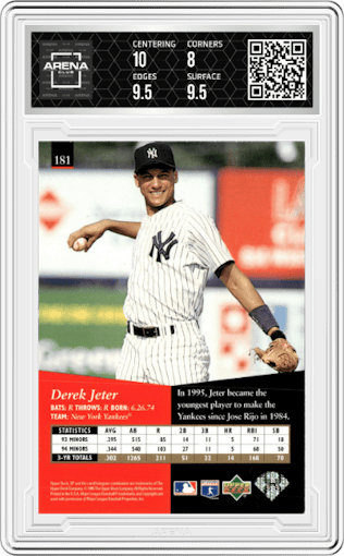 Derek Jeter from the 1995 Upper Deck SP set graded by Arena Club and given an overall grade of 8.5.