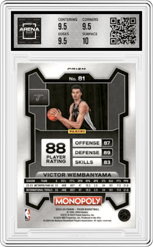 Victor Wembanyama from the 2023-24 Panini Prizm Monopoly set featuring a Purple Wave parallel graded by Arena Club and given an overall grade of 10.