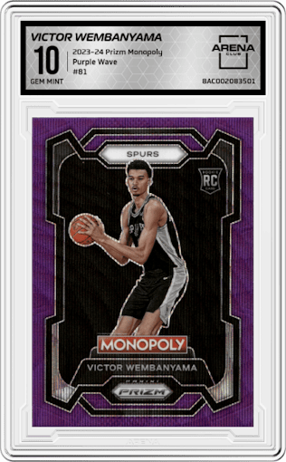 Victor Wembanyama from the 2023-24 Panini Prizm Monopoly set featuring a Purple Wave parallel graded by Arena Club and given an overall grade of 10.