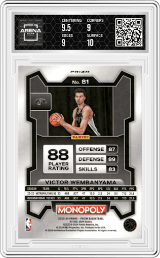 Victor Wembanyama from the 2023-24 Panini Prizm Monopoly set featuring a Purple Wave parallel graded by Arena Club and given an overall grade of 9.5.