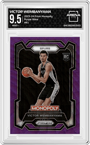 Victor Wembanyama from the 2023-24 Panini Prizm Monopoly set featuring a Purple Wave parallel graded by Arena Club and given an overall grade of 9.5.