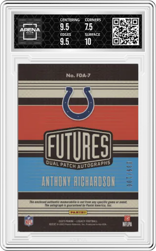 Anthony Richardson from the 2023 Panini Legacy set featuring a Ruby parallel graded by Arena Club and given an overall grade of 8.