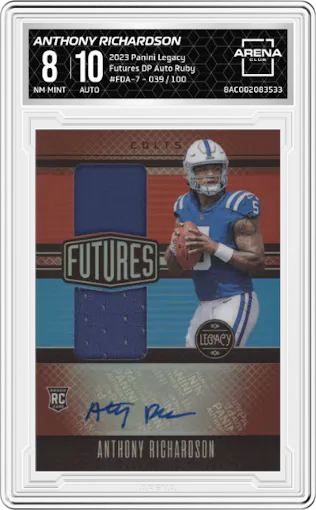 Anthony Richardson from the 2023 Panini Legacy set featuring a Ruby parallel graded by Arena Club and given an overall grade of 8.
