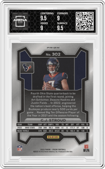 C.J. Stroud from the 2023 Panini Prizm set featuring a Silver Prizm parallel graded by Arena Club and given an overall grade of 9.5.
