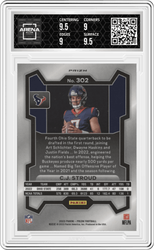 C.J. Stroud from the 2023 Panini Prizm set featuring a Silver Prizm parallel graded by Arena Club and given an overall grade of 9.5.