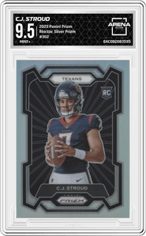 C.J. Stroud from the 2023 Panini Prizm set featuring a Silver Prizm parallel graded by Arena Club and given an overall grade of 9.5.