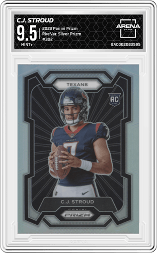 C.J. Stroud from the 2023 Panini Prizm set featuring a Silver Prizm parallel graded by Arena Club and given an overall grade of 9.5.