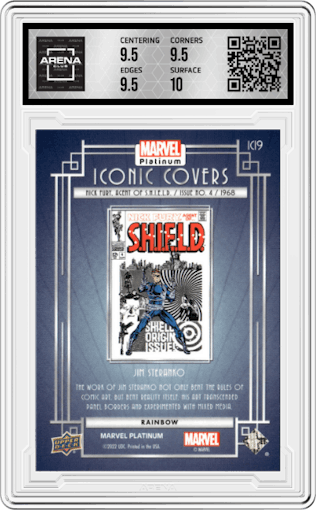 Nick Fury Agent of S.H.I.E.L.D. (1968) #4 from the 2023 Upper Deck Marvel Platinum set featuring a Rainbow parallel graded by Arena Club and given an overall grade of 10.