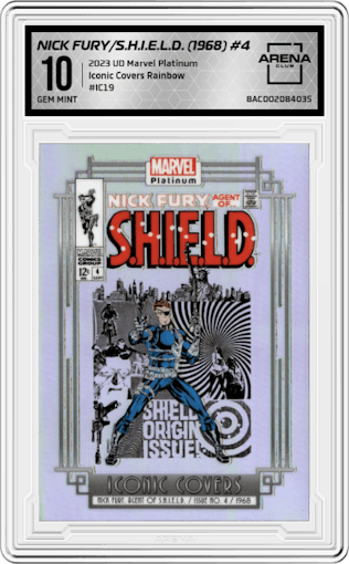Nick Fury Agent of S.H.I.E.L.D. (1968) #4 from the 2023 Upper Deck Marvel Platinum set featuring a Rainbow parallel graded by Arena Club and given an overall grade of 10.