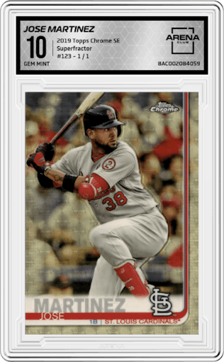 Jose Martinez from the 2019 Topps Chrome Sapphire Edition set featuring a Superfractor parallel graded by Arena Club and given an overall grade of 10.