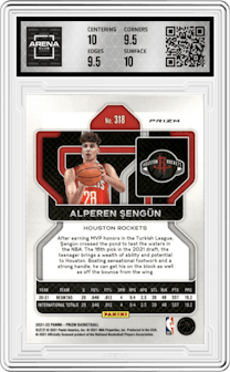 Alperen Sengun from the 2021-22 Panini Prizm  set featuring a Red/White/Blue Prizm parallel graded by Arena Club and given an overall grade of 10.