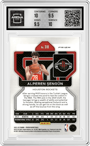 Alperen Sengun from the 2021-22 Panini Prizm  set featuring a Red/White/Blue Prizm parallel graded by Arena Club and given an overall grade of 10.