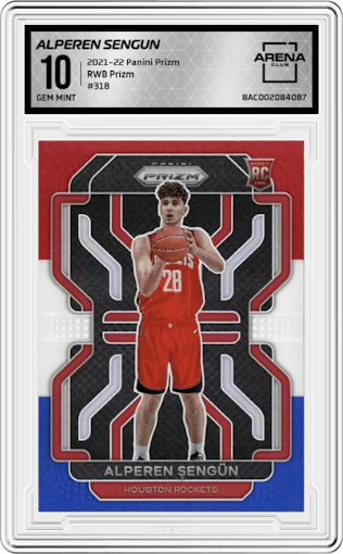 Alperen Sengun from the 2021-22 Panini Prizm  set featuring a Red/White/Blue Prizm parallel graded by Arena Club and given an overall grade of 10.