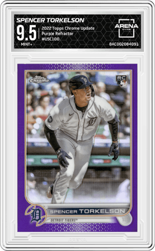 Spencer Torkelson from the 2022 Topps Chrome Update set featuring a Purple Refractor parallel graded by Arena Club and given an overall grade of 9.5.
