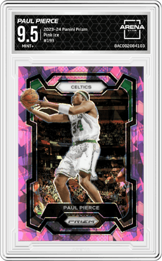 Paul Pierce from the 2023-24 Panini Prizm set featuring a Pink Ice Prizm parallel graded by Arena Club and given an overall grade of 9.5.